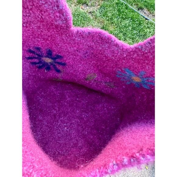 Handmade Felted Wool Knit Bucket Bag Pink Floral Embroidered Boho Purse Tote - Picture 5 of 9